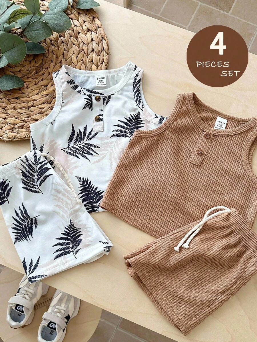 LMoss Kids 4pcs Baby Boy Summer Cute Casual Knit Vest & Shorts Set, Basic Multi-Pack - Multicolor - View 1
