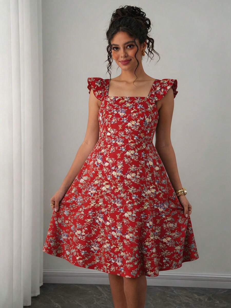 SHEIN Maternity Casual All-Over Print Vacation & Daily Wear Summer Dress - Burgundy - View 1