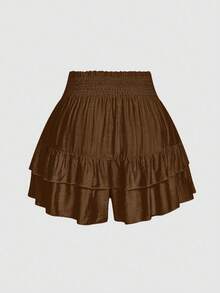 SHEIN LUNE Plus Size Holidaya Paperbag Waist Ruffle Hem Wide Leg Shorts - Coffee Brown - View 2