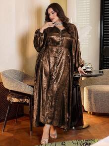 Modelyn Minimalist Solid Color V-Neck Diamond Decor Raglan Sleeve Loose Regular Spring/Autumn Plus Size Dress - Brown - View 6