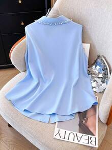 GlowEve CURVE Plus Size Women's Elegant Casual Open Front Pearl Beaded Blouse Gym Brown Summer - Baby Blue - View 2