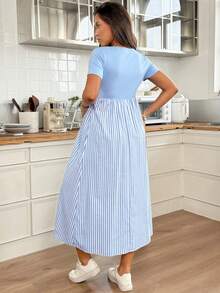 Slowluna Maternity Spring And Summer Pregnant Comfortable Casual Blue & Striped Patchwork Round Neck Short Sleeve Nursing Dress - Black and White - View 3