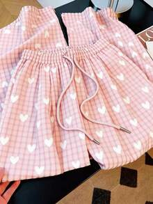 GlowEve CURVE Plus Size Women Plaid Drawstring Waist Heart Pattern Casual Versatile Daily Wear Pants - Baby Pink - View 3