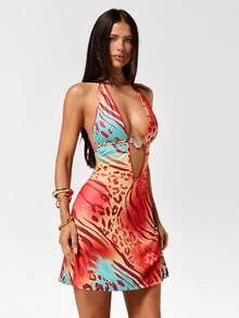 SHEIN ICON 女士露背吊带夏季外出夏威夷波西米亚海滩派对佩斯利印花西部迷你连衣裙 - 彩色 - 查看 6