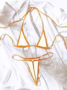 Swim SXY Women's Sexy Micro Triangle Cup Halter Tie Low Waist Triangle Bikini Set, Summer New Arrival - Orange - View 4