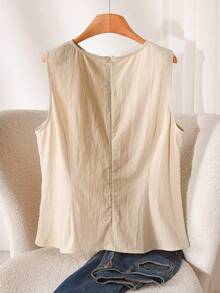 CosyJoli Áo camisole mùa hè tối giản, cổ tròn, màu trơn, cỡ lớn, có nơ trang trí. - Màu be - Xem 2