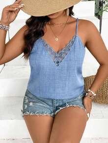SHEIN Frenchy Camiseta holgada de talla grande para mujer con parches, bordados y ribete de malla transparente para el verano y la playa - Celeste - Ver 6