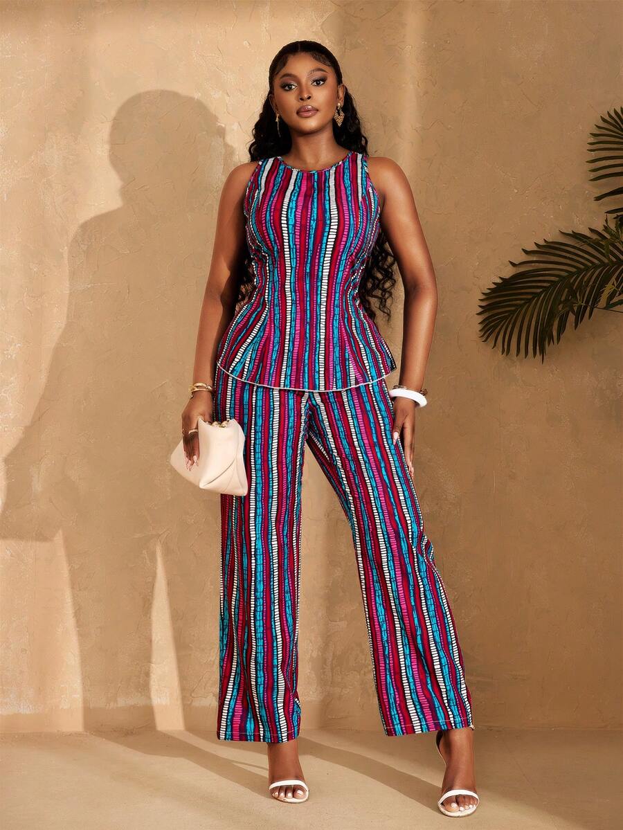 Lunelith SHEIN Lunessa 女士条纹圆领无袖上衣和裤子休闲两件套 - 彩色 - 查看 1