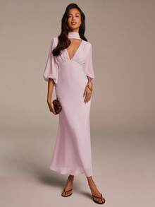 COSMINA Đầm maxi đuôi cá thanh lịch bằng chiffon màu xanh nhạt dành cho nữ, cổ chữ V sâu, tay phồng, xếp ly, màu trơn, thích hợp cho kỳ nghỉ, tiệc tùng, đám cưới, khách mời hoặc phù dâu. - Màu Hồng baby - Xem 3