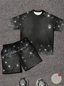 SHEIN 男童休闲简约T恤套装，经典酷炫闪亮星星珍珠印花，适合街头穿搭，Y2K风格 - 彩色 - 查看 1