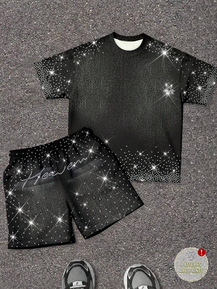 SHEIN 男童休闲简约T恤套装，经典酷炫闪亮星星珍珠印花，适合街头穿搭，Y2K风格 - 彩色 - 查看 1