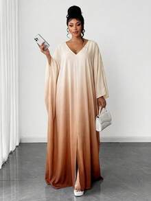 Maweii Plus Size Women's Elegant Romantic Luxurious Party Ombre V-Neck Loose Long Dress, Autumn/Winter - Brown - View 4