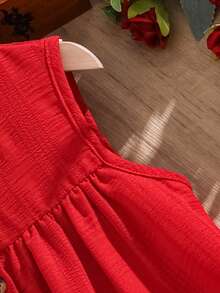 Genkimix Kids Young Girl Solid Color Round Neck Sleeveless Ruffle Front Button Summer Dress 7th Birthday - Red - View 5