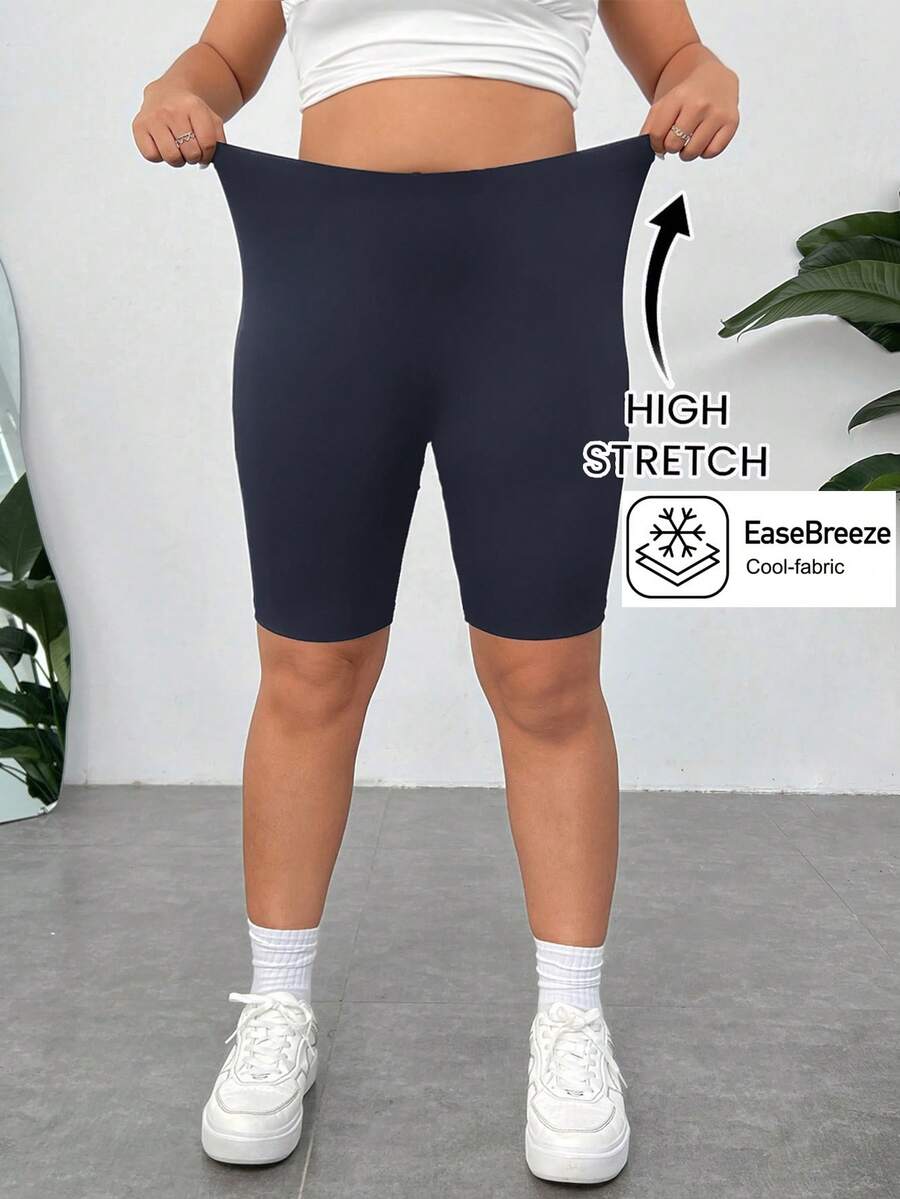 SHEIN EZwear 大码纯色高腰浅蓝色紧身短裤 - 霧霾藍 - 查看 1
