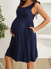 GentleRue Maternity 舒适纯色无袖短款哺乳连衣裙，适合孕期穿着，哺乳友好型连衣裙，妈妈连衣裙，产后连衣裙，荷叶边袖连衣裙，纽扣连衣裙，产后女士连衣裙，纽扣连衣裙，荷叶边吊带连衣裙，女士无袖连衣裙，女士连体连衣裙 - 藏蓝色 - 查看 6