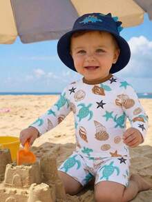 New Fashion Baby Boys Swimwear, Two-Piece Long Sleeve Shorts Swimsuit - Blue - View 1