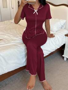 SHEIN Côtesoire 女士 V 领蝴蝶结荷叶边白色短袖上衣和红色牛奶丝短裤睡衣套装，简约休闲舒适家居服 - 紅色 - 查看 6