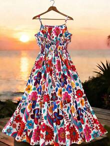 女童荷叶边下摆水果植物印花拼接吊带度假连衣裙 - 彩色 - 查看 1