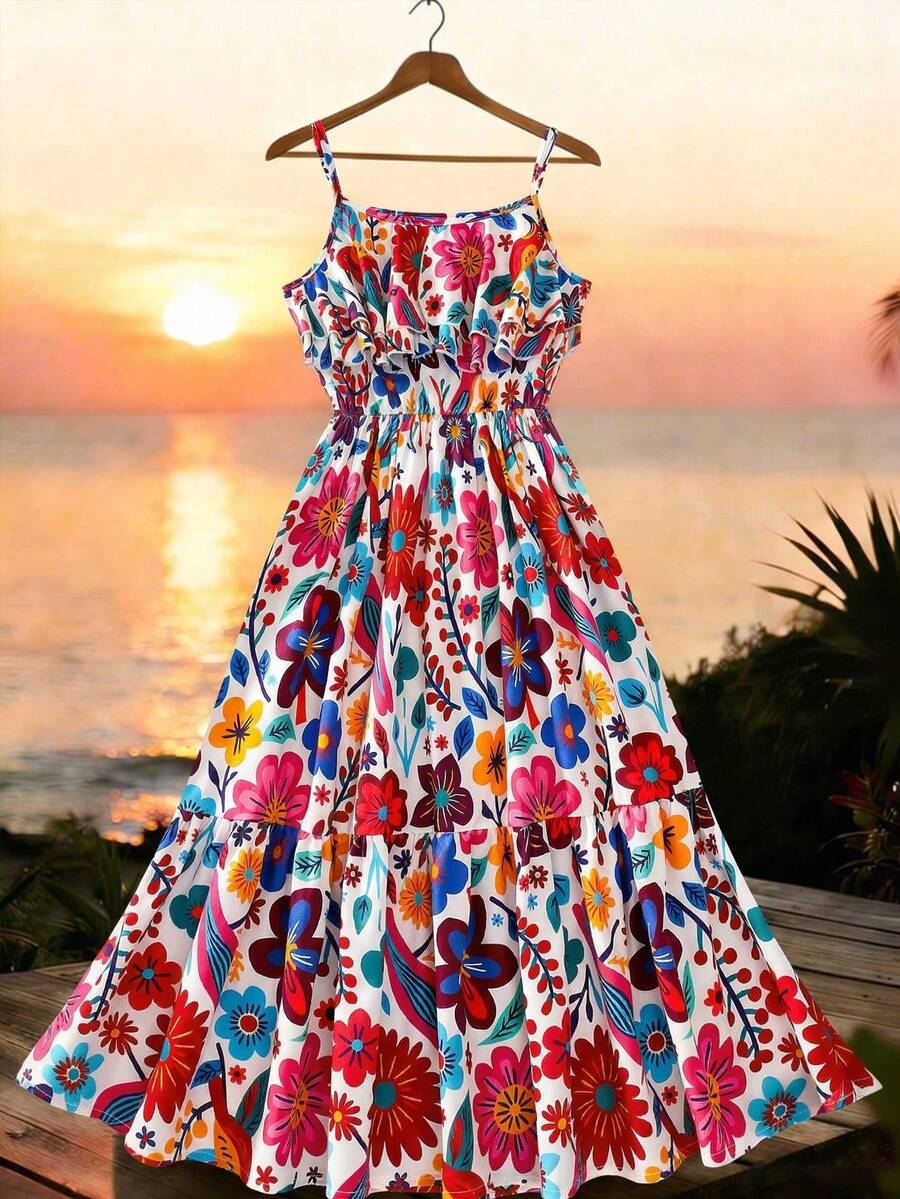 女童荷叶边下摆水果植物印花拼接吊带度假连衣裙 - 彩色 - 查看 1