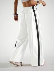 StreetHx Women's Contrast Color Elastic Waist Drawstring Loose Casual Sports Harem Pants - White - View 2