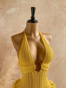 Soleia Đầm ngắn màu trắng cổ yếm cho nữ, thích hợp cho kỳ nghỉ. - Màu vàng - Xem 4