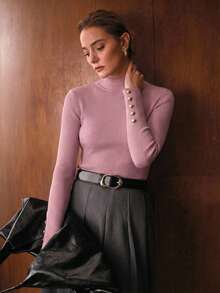 MOTF PREMIUM MINIMALIST METAL BUCKLE DECOR BASE LAYER SWEATER - Pink - View 5