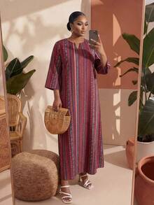 SHEIN Lady CURVE 大码复古印花长袖连衣裙 - 彩色 - 查看 5