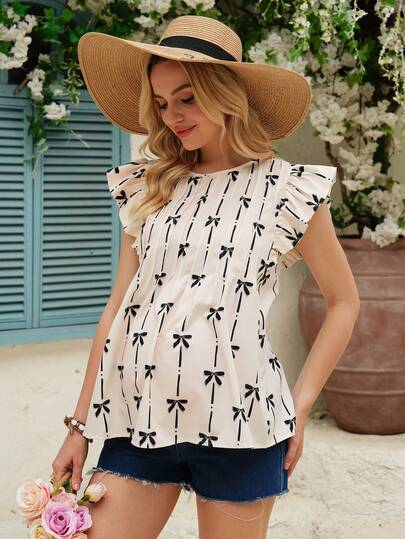 SHEIN 孕妇圆领蝴蝶结印花休闲百搭日常衬衫