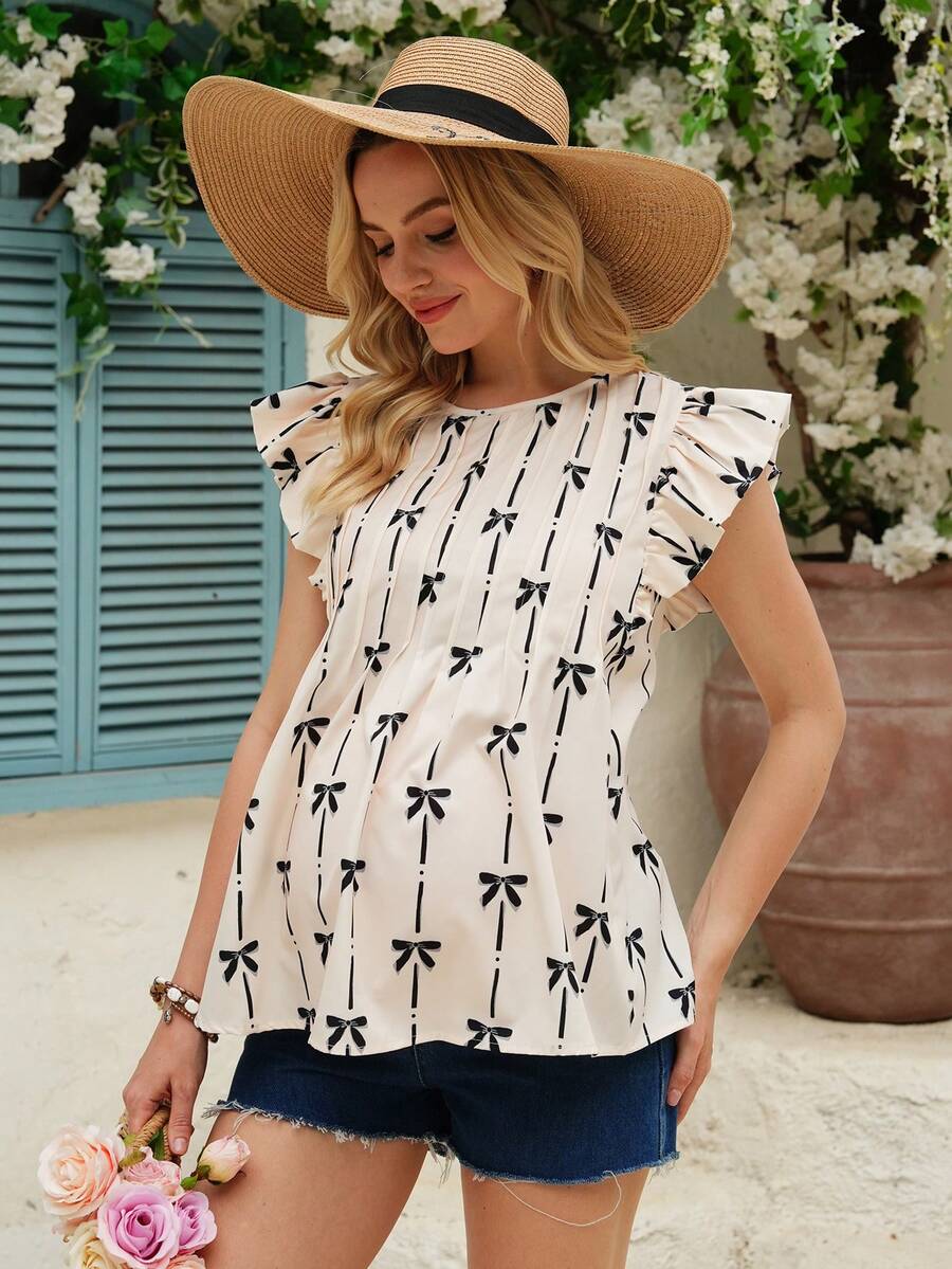 SHEIN 孕妇圆领蝴蝶结印花休闲百搭日常衬衫 - 彩色 - 查看 1