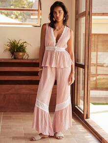 Women Contrast Lace Sleeveless Button-Up Top And Pants Pajama Set - Pink - View 3