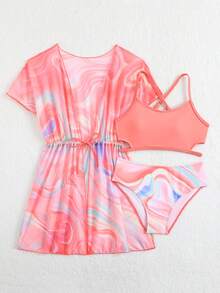 SHEIN Tween Girls 3 Pieces Bikini Sets, Pink Tie-Dye Two-Piece Swimsuit + Matching Mesh Cover-Up Three-Piece Set. New Summer Style, Skin-Friendly And Quick-Drying Swimwear. Side Cutout Design, Drawstring Waist Cover-Up. Stylish Beach Vacation/Pool Outfit. A Must-Have For A Dreamy And Gentle Style. - Hot Pink - View 6