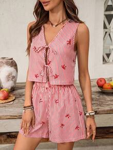 VCAY Set de 2 piezas de top sin mangas con nudo delantero y estampado de rayas y shorts, conjunto informal de verano para mujer - Rojo y blanco - Ver 8