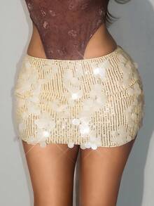 SHEIN ICON Fitted Asymmetrical Sequin Super Low Waist Mini Skirt - Apricot - View 1