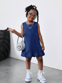 Kid Girls Blue Denim Sleeveless Short Dress With Ruffle Trim,Autumn Spring Summer Casual Country Boho Beach Outfits,Western Street Wear,Vacay Outfits - Dark Wash - View 5