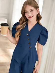 SHEIN 2件套女童花瓣袖西装上衣和直筒阔腿裤套装 - 寶藍色 - 查看 3