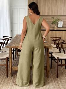 Weeklong White Plus-Size Jumpsuit - Sleeveless, V-Neck & Loose Fit, Suitable For Daily Wear & Office Commute, Spring & Summer Outfit - Olive Green - View 2