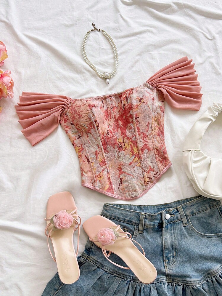 Soleia Vintage Palace Style Colorful Floral Jacquard Print Tube Top With Buttons & Back Tie, Elegant For Vacation & Date,Pink Top - Pink - View 3