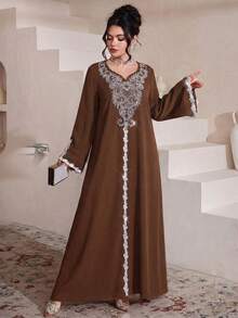 Al Najma 奢华刺绣串珠宽松长袖开衩连衣裙，土耳其和阿拉伯传统风格 - 咖啡棕 - 查看 5