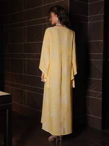 SHEIN Najma Đầm dạ hội thanh lịch tay cánh dơi, chất liệu jacquard, dáng rộng, có tua rua, viền xòe, thích hợp cho nữ. - Màu vàng - Xem 7