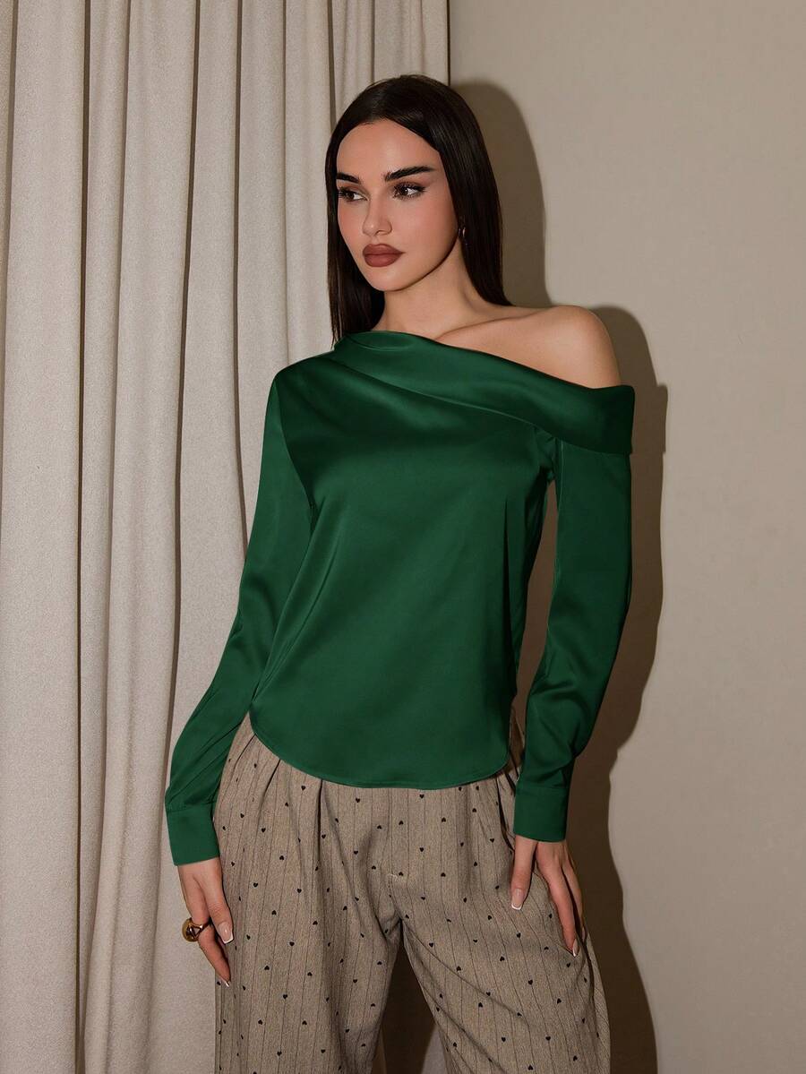 Bris Aura 女士不对称设计垂褶肩部长袖缎面衬衫，宽松版型，都市通勤必备简约优雅商务休闲风，适合教师及办公室穿着，秋季款 - 墨綠色 - 查看 1