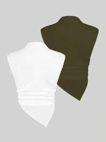 SHEIN Unity 2 piezas Camiseta sin mangas ajustada con cuello drapeado, bajo asimétrico y fruncido, de unicolor, para mujer, de estilo casual y minimalista para el verano - Multicolor - Ver 2