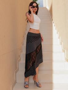 Bris Aura 女士优雅通勤波尔卡圆点印花撞色蕾丝半身裙 - 黑色 - 查看 5
