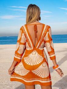 Swim Lushoire 女士春夏沙滩连衣裙，印花V领收腰度假长裙，含罩衫套装 - 橘色 - 查看 2