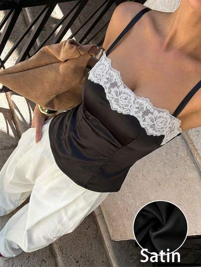 Siren Gaze Women's Casual Elegant Satin Camisole, Lace Patchwork, Suitable For Daily Wear,Summer Outfit For Women,Festival Outfits,Party Top,Satin Top,Elegant,Y2k,Lace Top