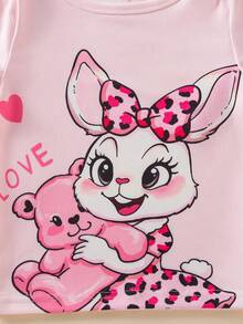 SHEIN GraphicGems 4pcs/Set Young Girl' Round Neck Short Sleeve Shorts Snug Fit Cute Rabbit, Heart, Bow Decor Soft Comfortable Pajamas, Suitable For Bestie Gift, Self-Gift - Multicolor - View 8