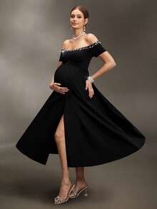 Cheriluna Maternity 孕妇写真礼服，露肩珍珠领短袖上衣，修身胸衣，A字开衩裙摆至大腿，长款连衣裙 - 黑色 - 查看 1