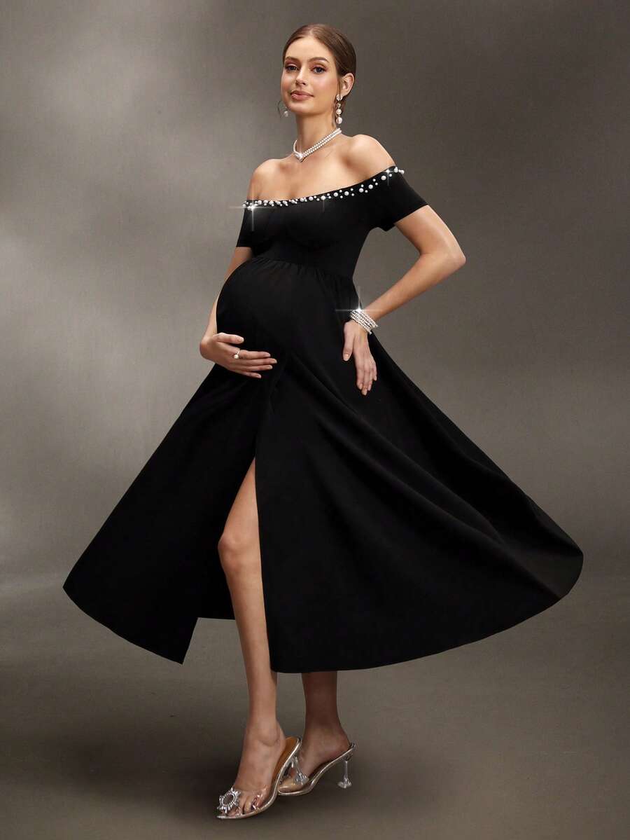 Cheriluna Maternity 孕妇写真礼服，露肩珍珠领短袖上衣，修身胸衣，A字开衩裙摆至大腿，长款连衣裙 - 黑色 - 查看 1