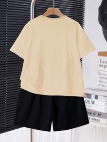 Tween Jungen Casual Minimalist Set aus Rundhals Kurzarm-Shirt und Shorts, 2 Stücke, geeignet für den Sommer, dezenter Pferde-Logo-Muster - Khaki - Übersicht 3