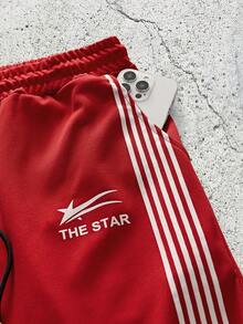 Men's Loose Slogan Graphic Drawstring Waist Sweatpants, For Rave,Sports Pants,Summer Pants - Red - View 3