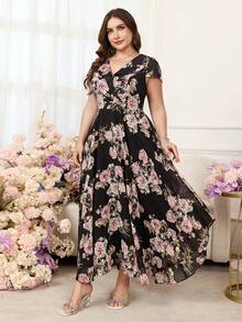 Reflora 大码女士优雅印花连衣裙，夏季婚礼宾客礼服 - 彩色 - 查看 6
